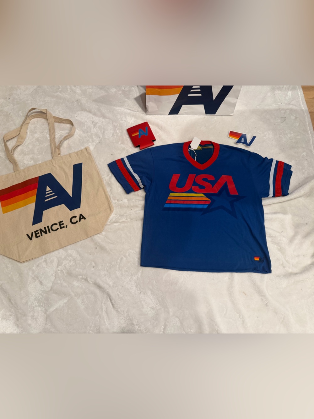 NWT Aviator Nation USA STAR VNECK JERSEY BOYFRIEND TEE - Medium + Tote